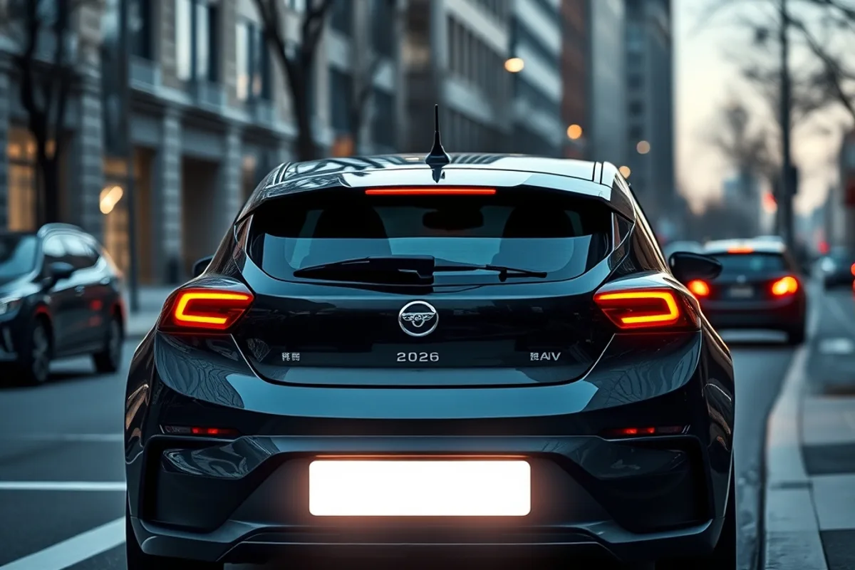 A 2026 electric hatchback parked on a city street with its centre screen glowing