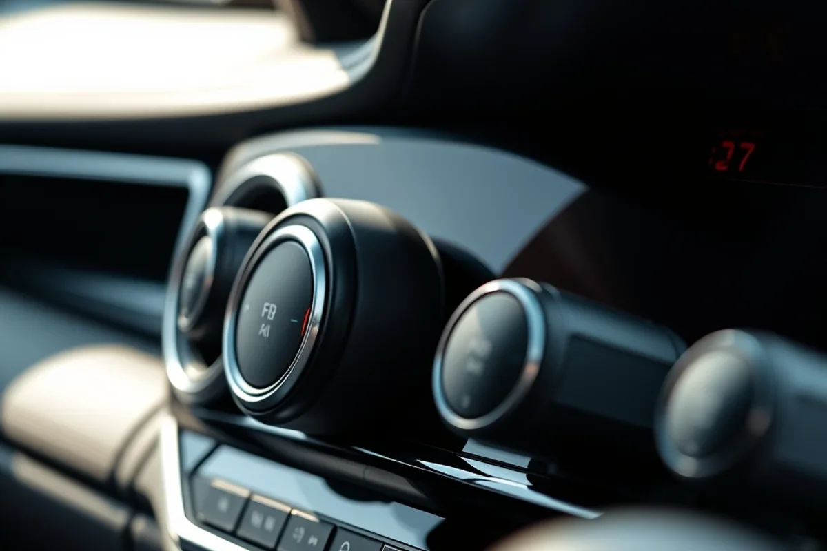 Close-up of a modern car dashboard with physical climate knobs and a digital display