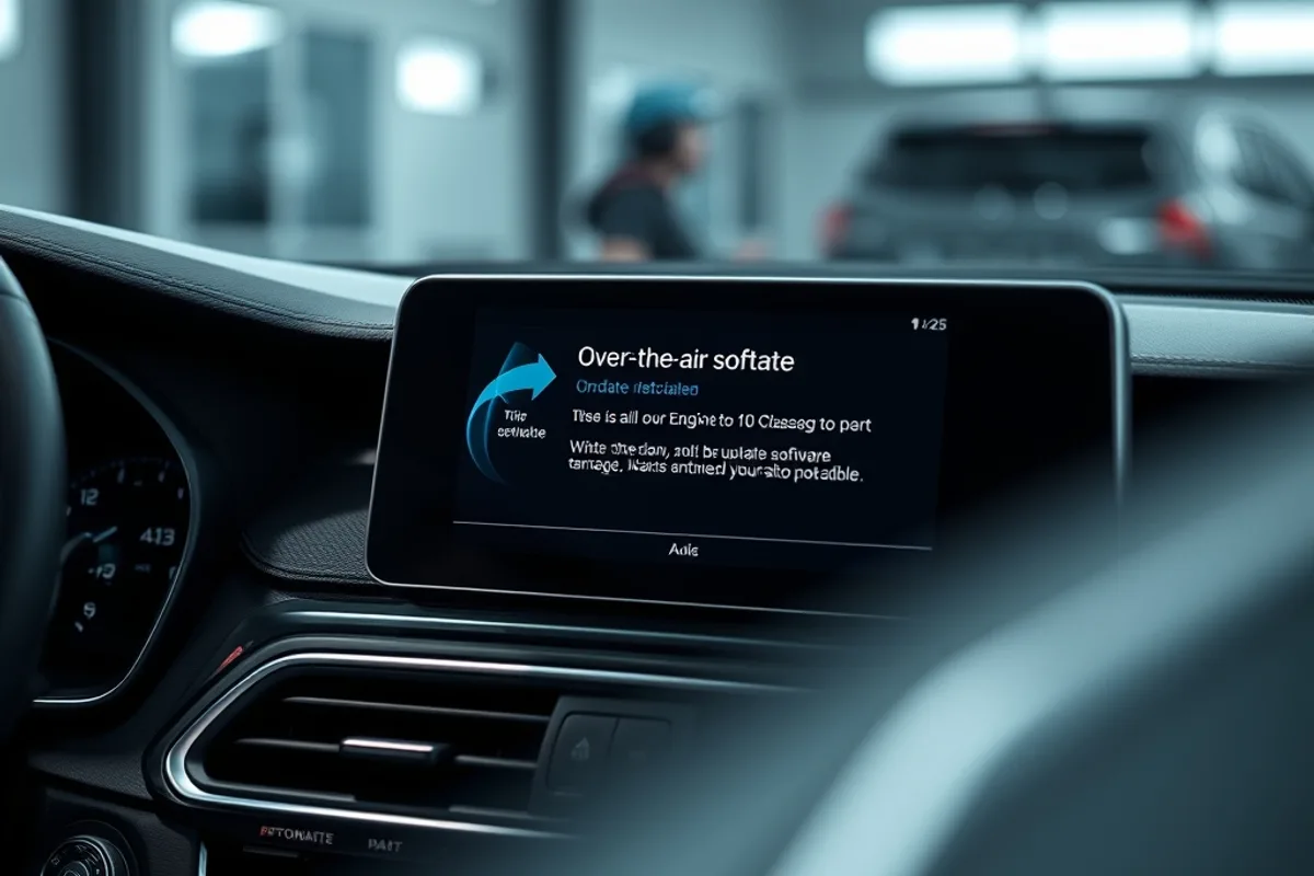 Over-the-air software update screen on a car infotainment system in a garage