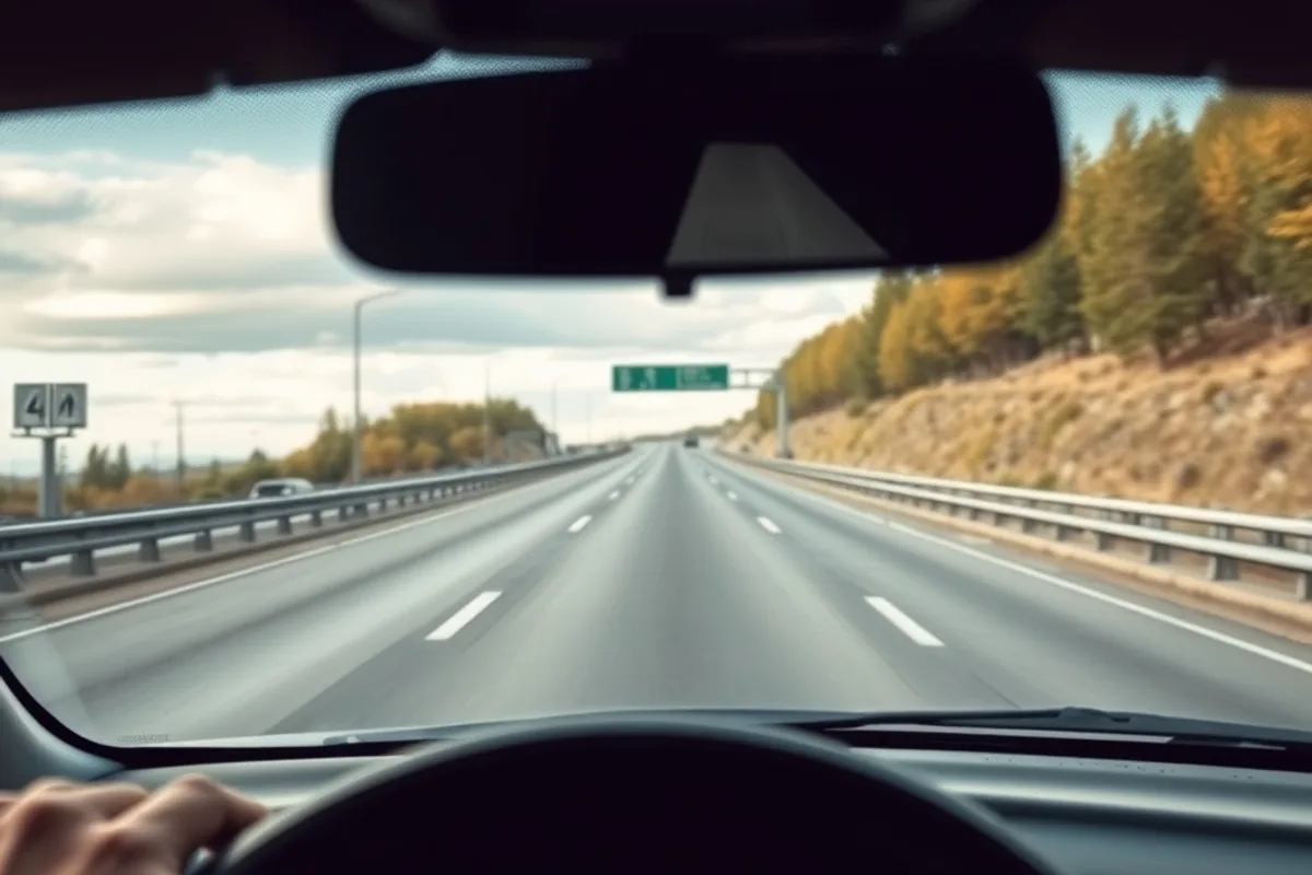 Forward camera behind a car windshield scanning a highway lane