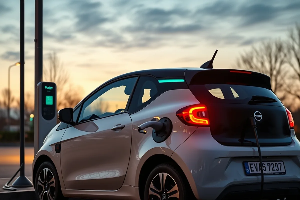 Compact electric hatchback charging at a kerbside station at dusk