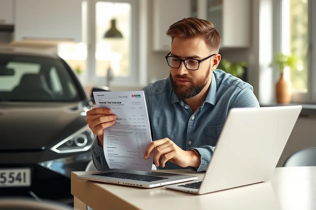A car owner reviewing an insurance quote on a laptop at a kitchen table
