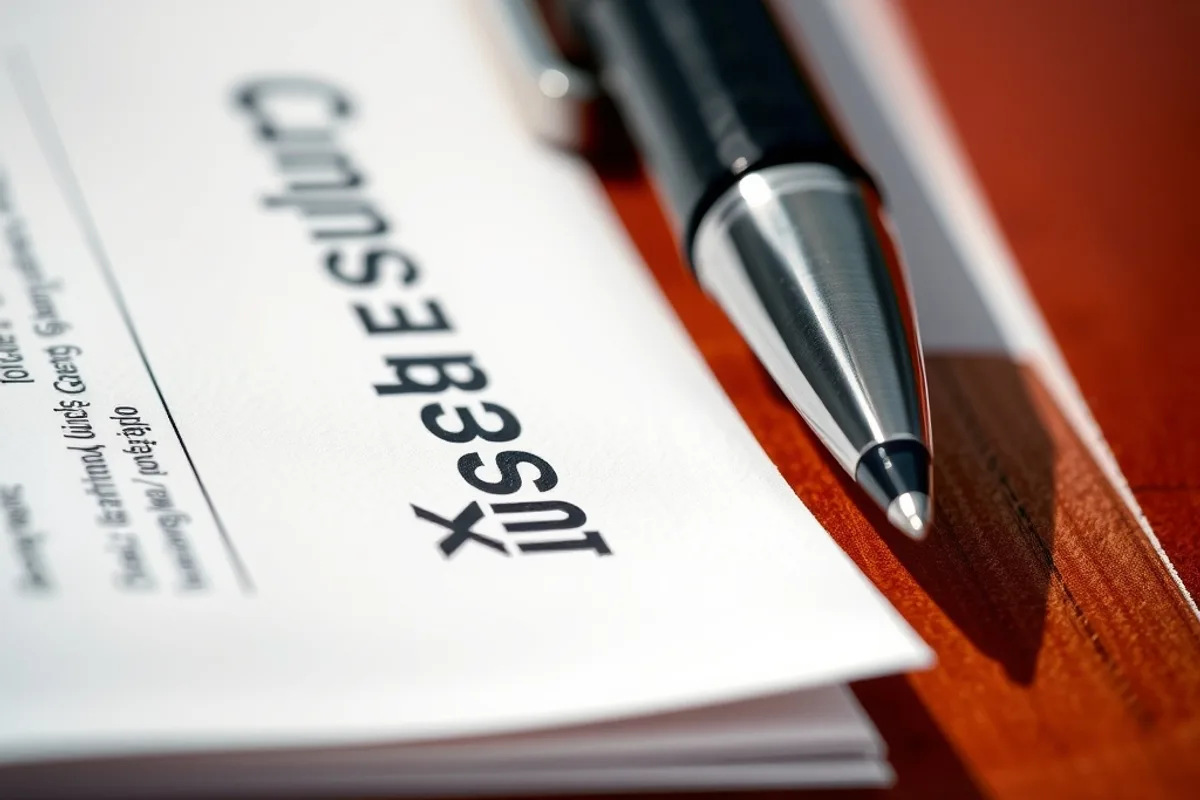 Close-up of a printed car insurance policy document with a pen
