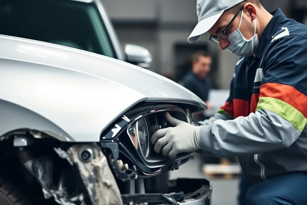 Repair shop technician inspecting a damaged front bumper on a modern car