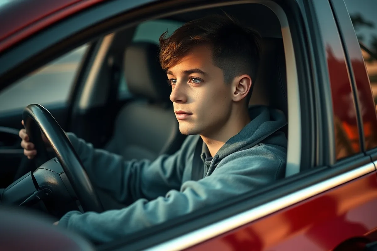 Young driver sitting behind the wheel of a parked car