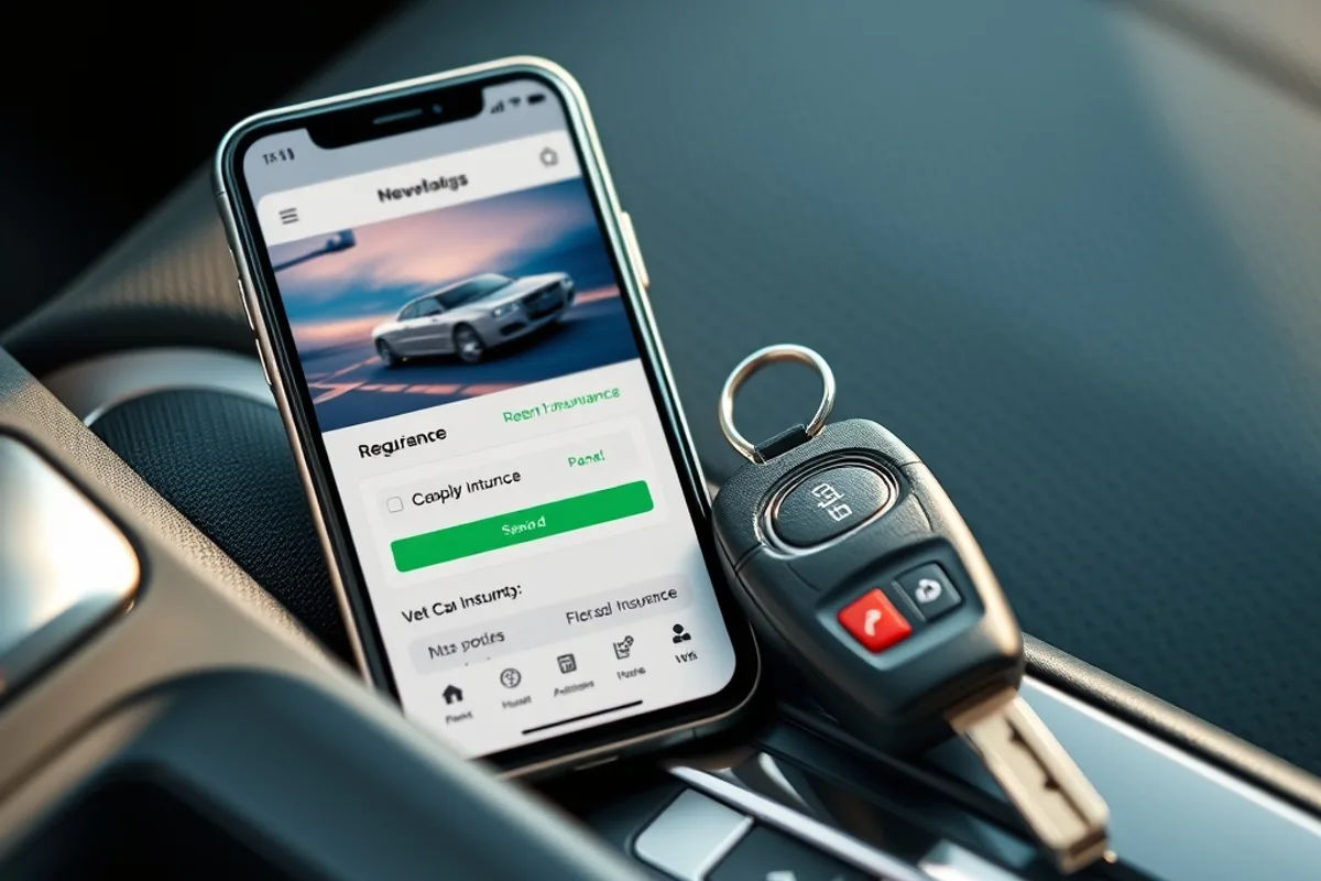 Car keys and a smartphone showing a vehicle insurance app