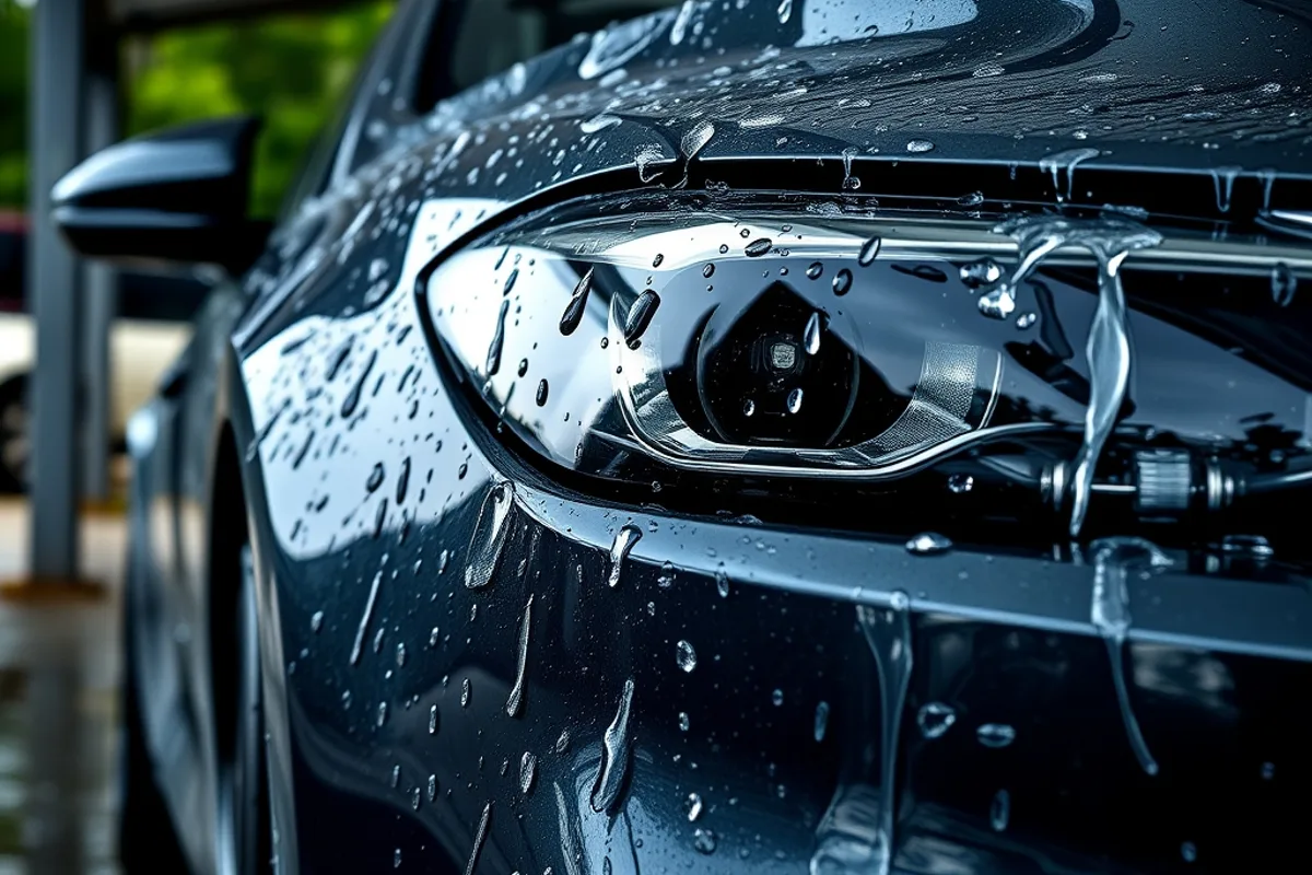 Freshly washed dark grey car with water beading on the paint under a carport