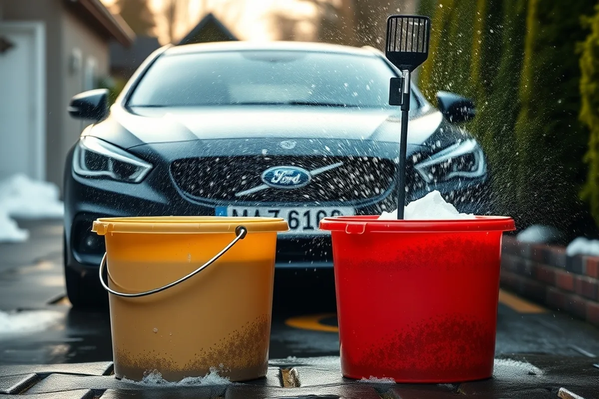 Two bucket wash method with grit guards on a driveway