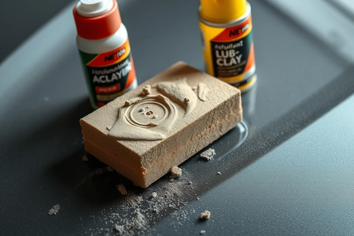 Clay bar decontamination on a car bonnet with lubricant spray