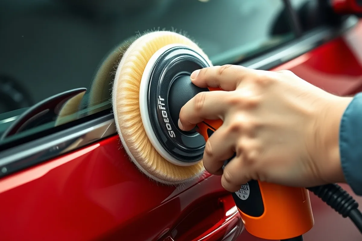 Dual action polisher applying polish to a car door panel