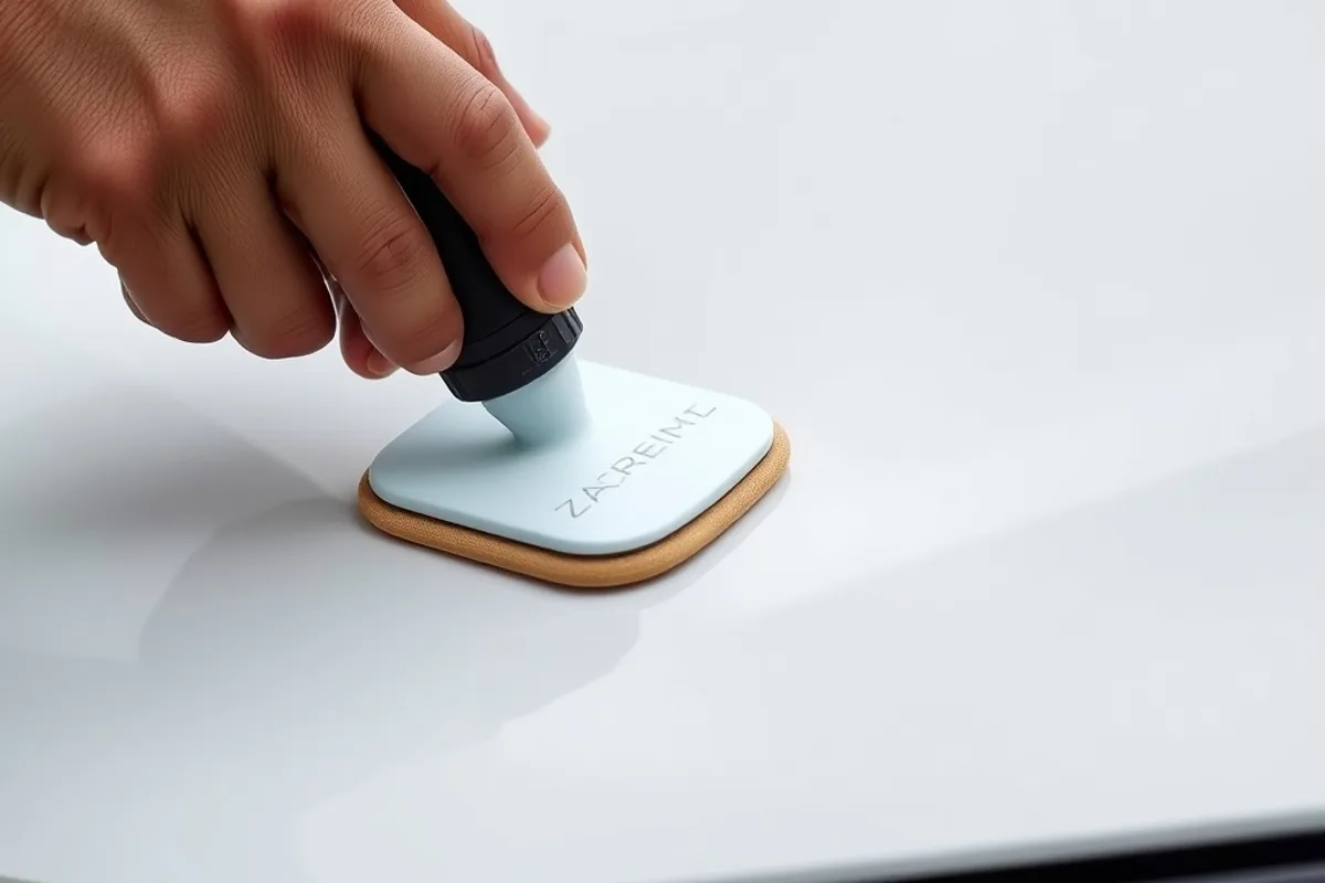 Hand applying ceramic sealant to a car bonnet with an applicator pad