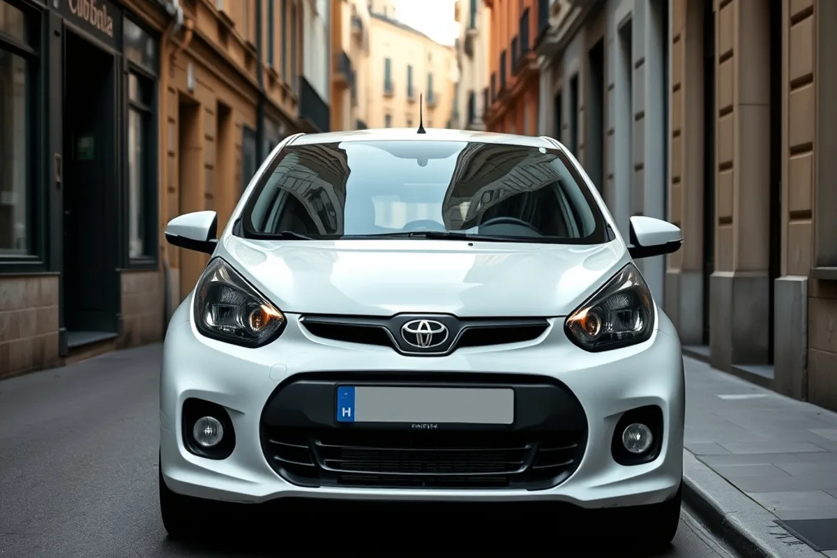 A modern compact hatchback parked on a narrow European city street