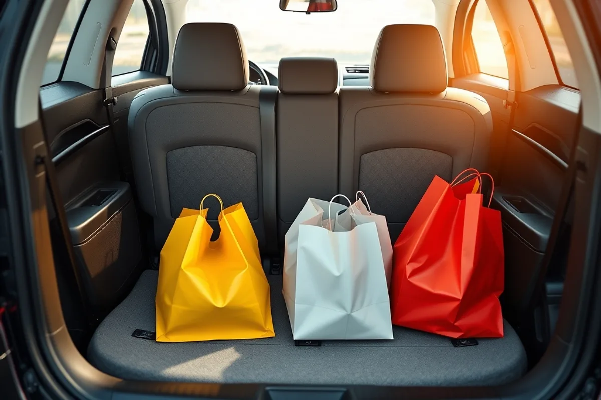 Compact car cabin with a folding rear seat and shopping bags in the boot