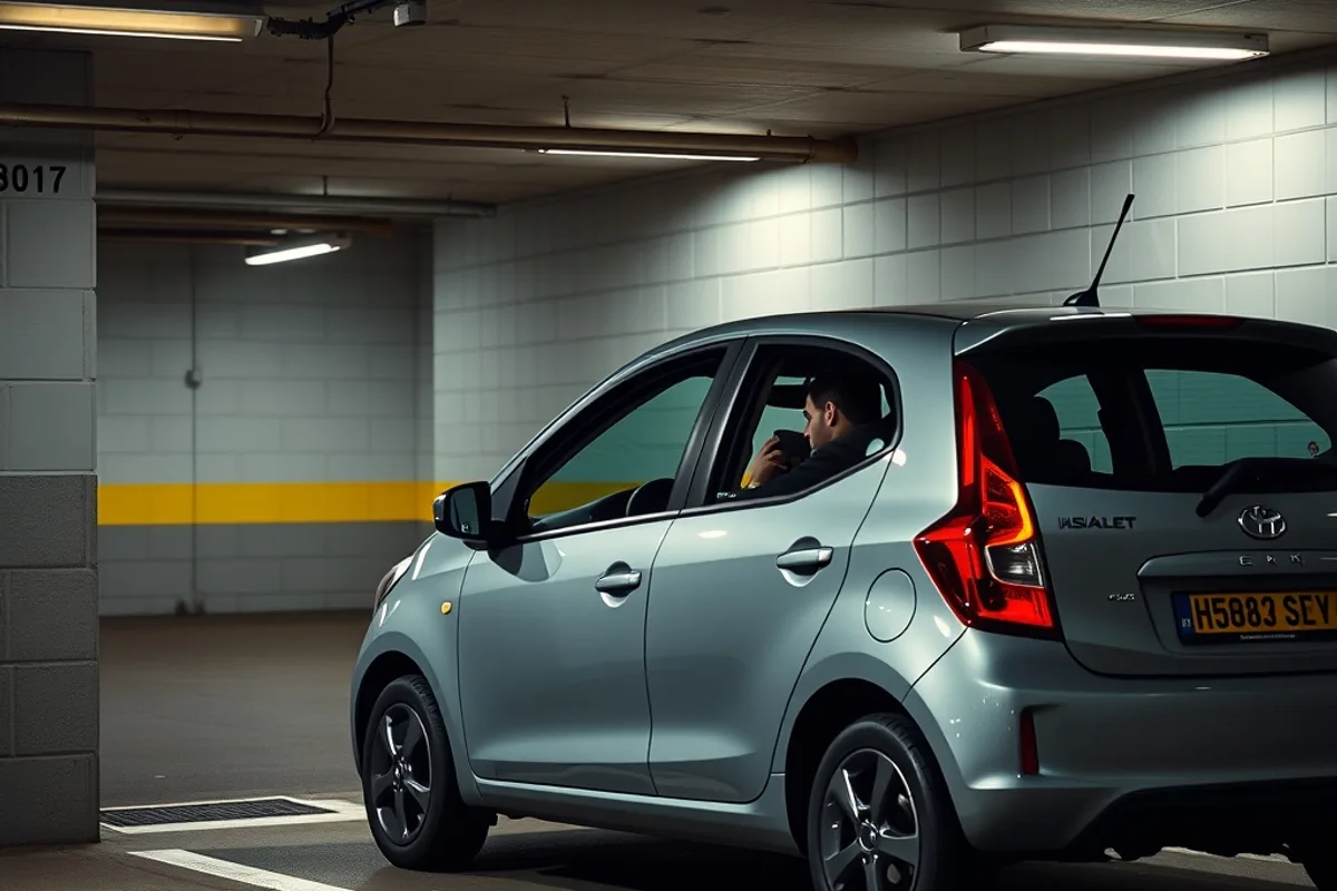 Driver parking a small hatchback in a tight underground garage space
