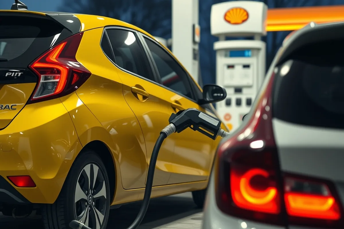 Compact hybrid hatchback refuelling at a petrol station