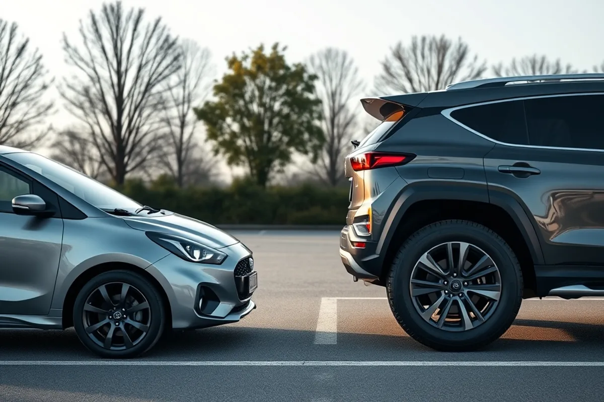 Comparison of a compact car and a large SUV side by side in a car park