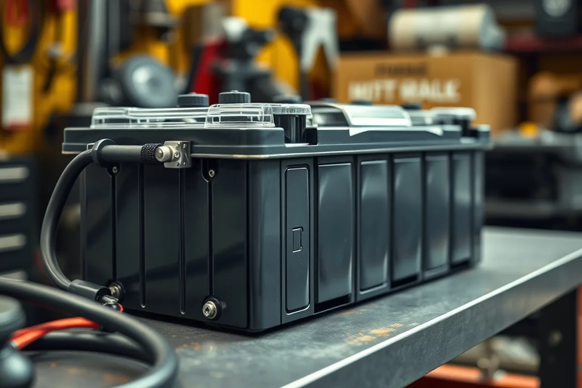 A hybrid battery pack module resting on a workshop bench
