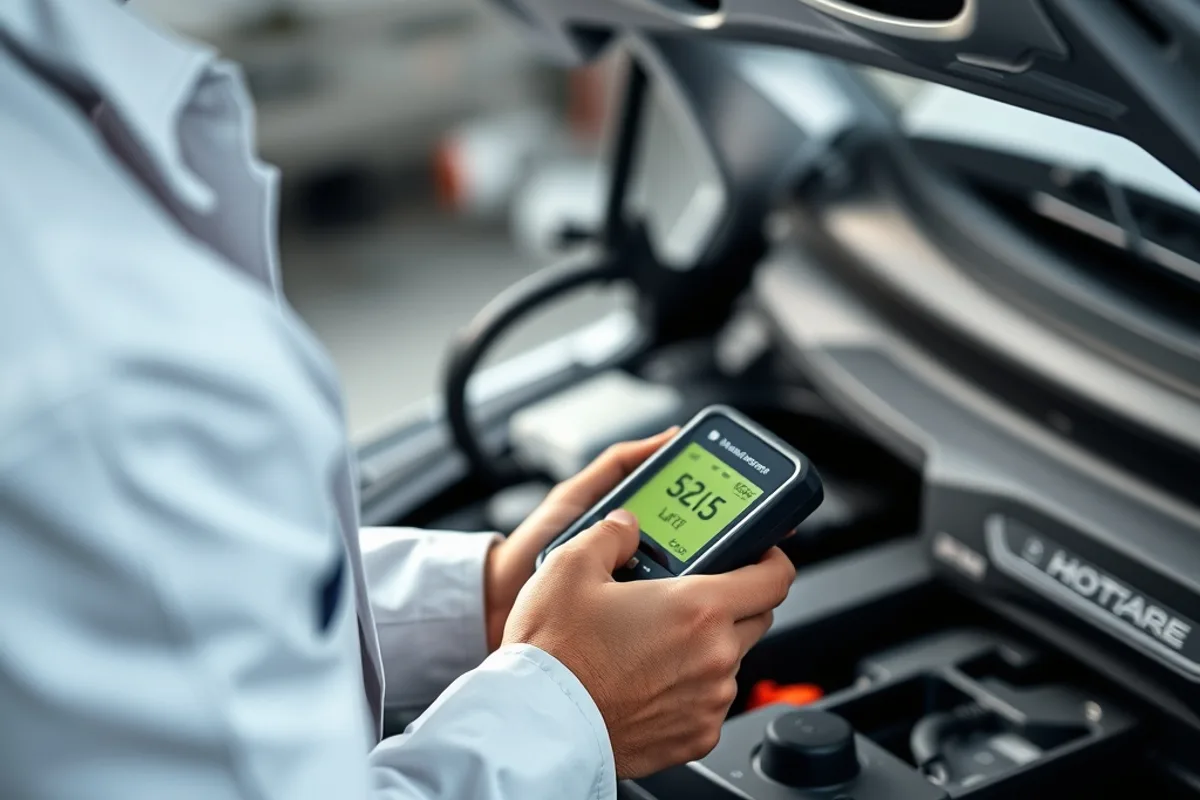 Technician checking hybrid battery voltage with a diagnostic tool
