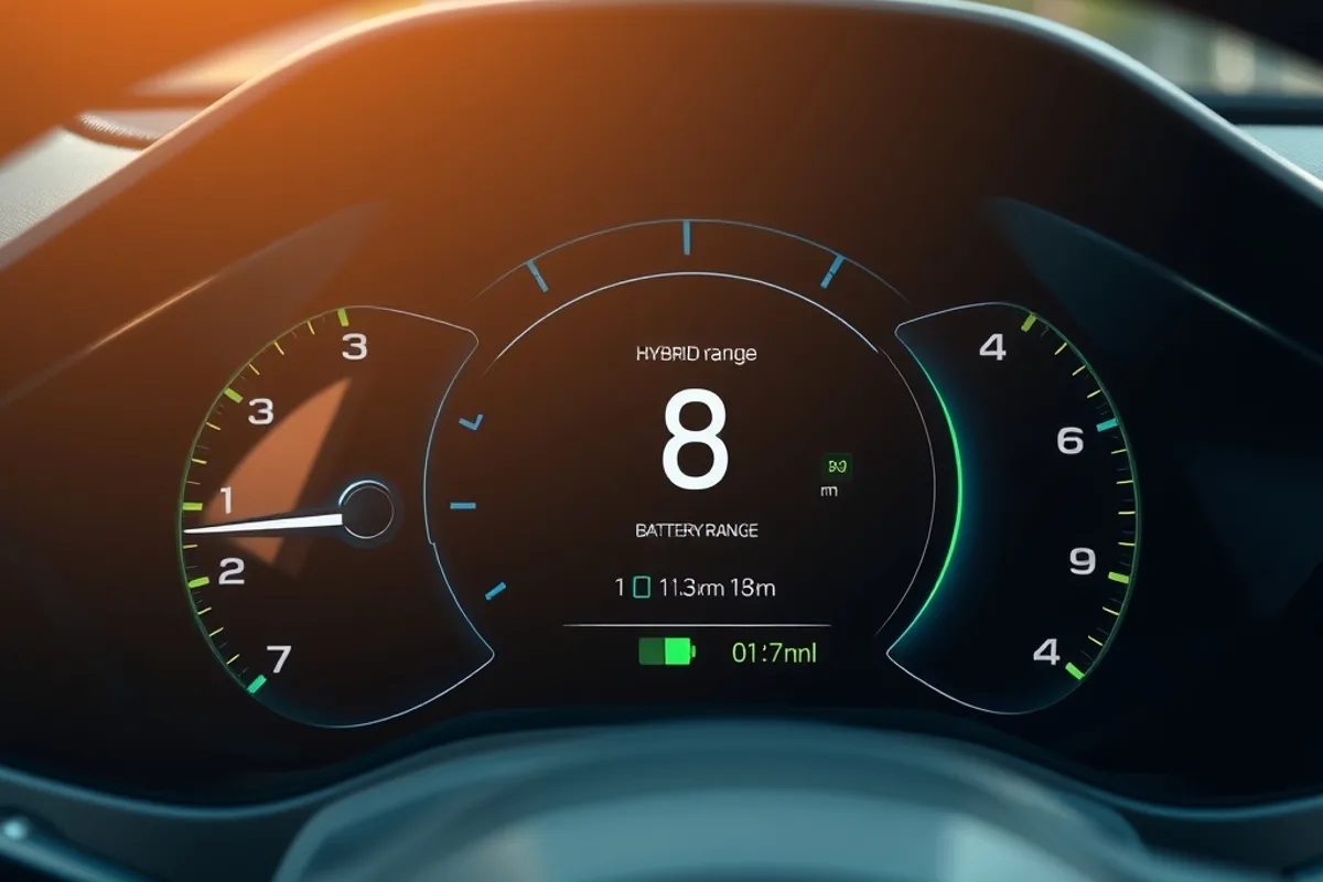 Hybrid car dashboard showing battery charge and remaining range