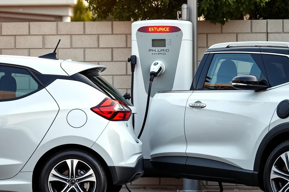 A hybrid hatchback parked beside a plug-in hybrid SUV at a charging station