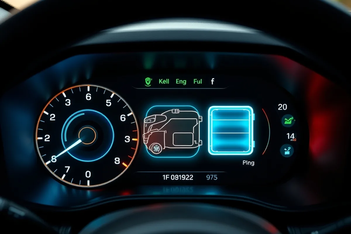 Hybrid car dashboard showing energy flow between engine and battery