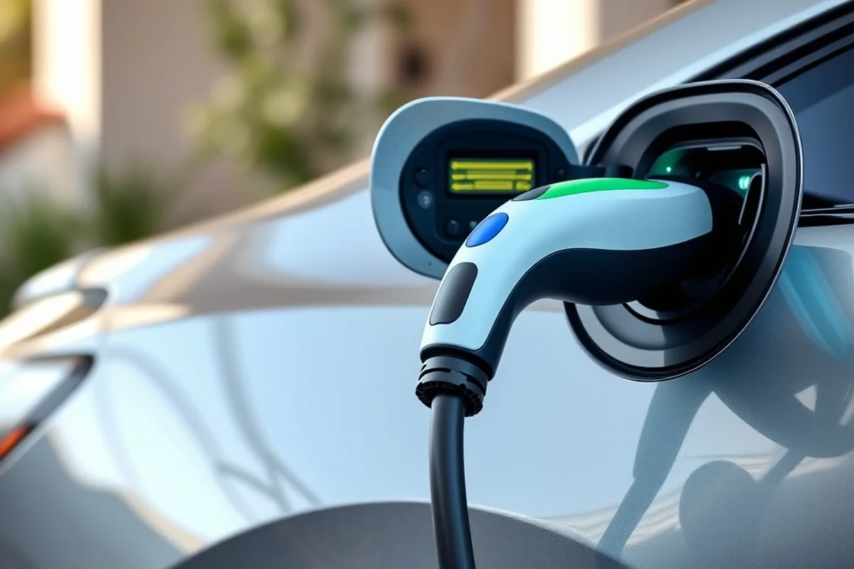 Plug-in hybrid charging cable connected to a car charging port at home