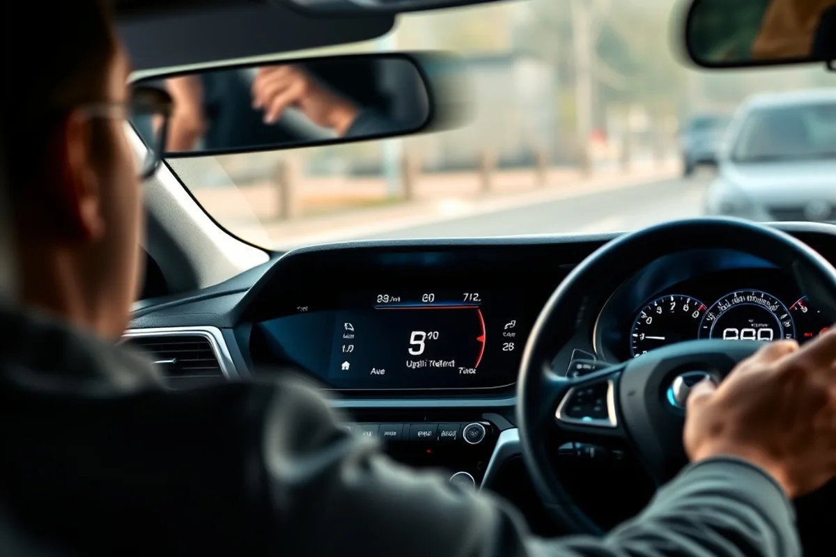 Driver checking fuel economy readout on a hybrid car dashboard