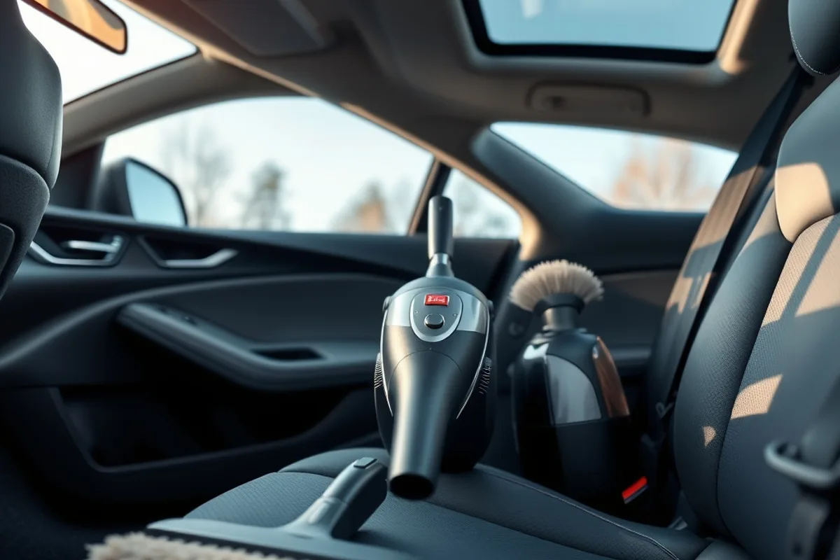 Clean modern car interior with vacuum and detailing brushes on the seat