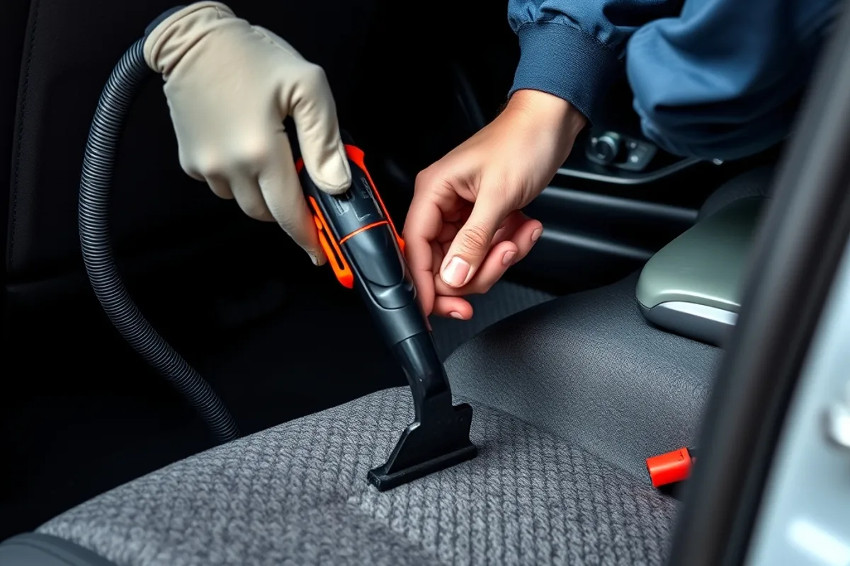 Detailer vacuuming a car seat and carpet with a crevice tool