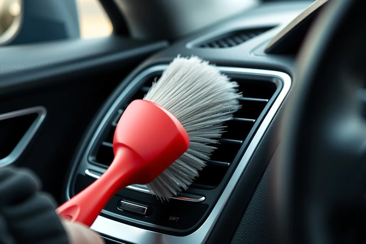 Soft brush cleaning a car air vent and dashboard