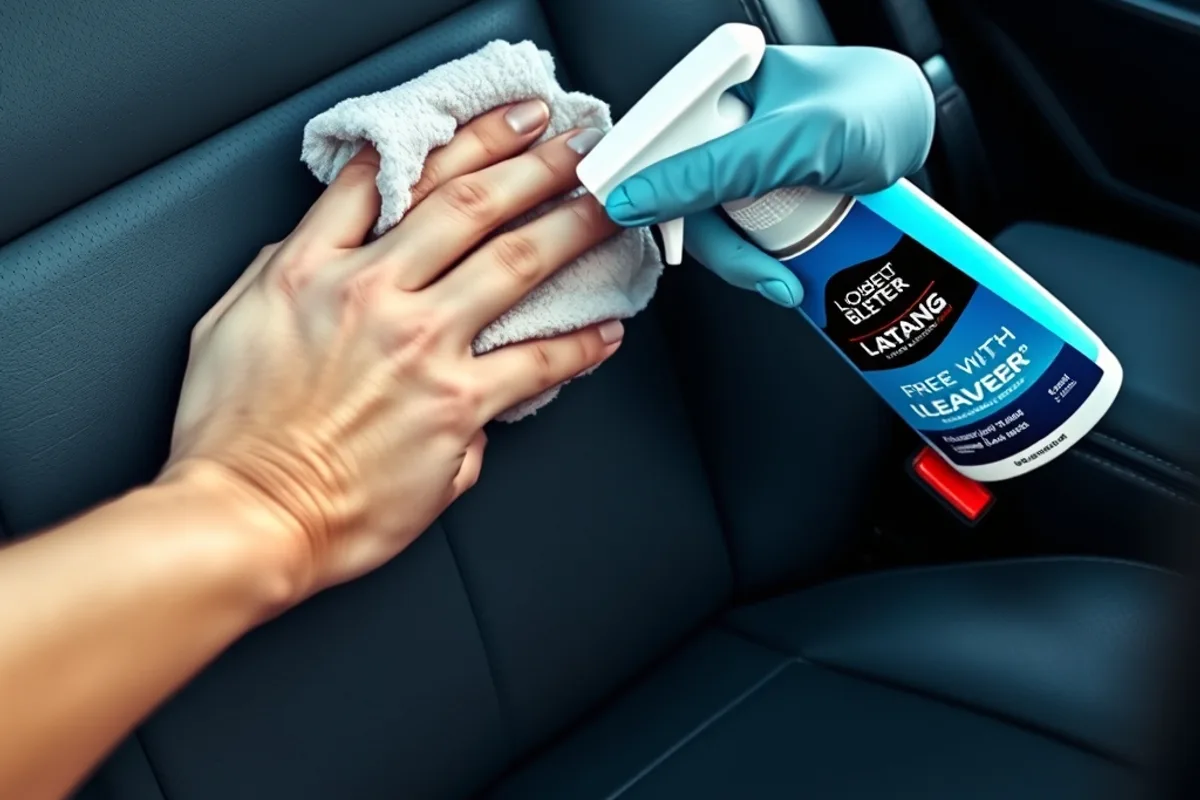 Leather seat being cleaned with a microfiber cloth and foam cleaner