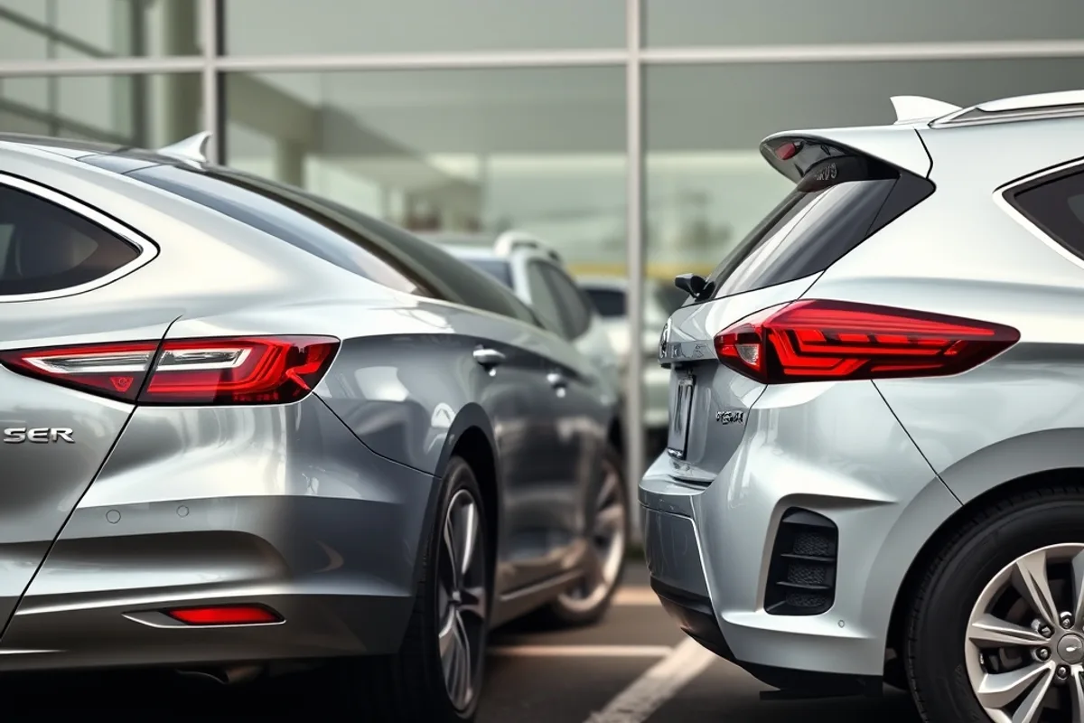 A new silver sedan and a clean used hatchback parked side by side in a dealership lot