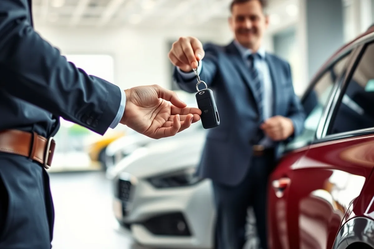 Salesperson handing car keys to a buyer inside a bright showroom
