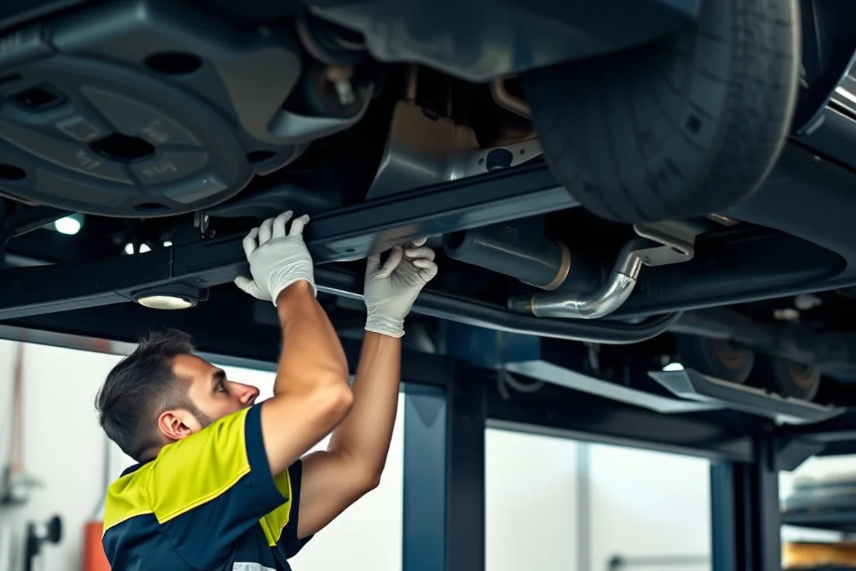 Mechanic inspecting the underside of a used car on a workshop lift
