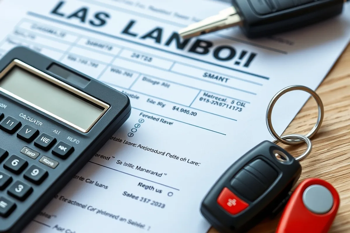 Calculator and car loan paperwork on a desk beside car keys