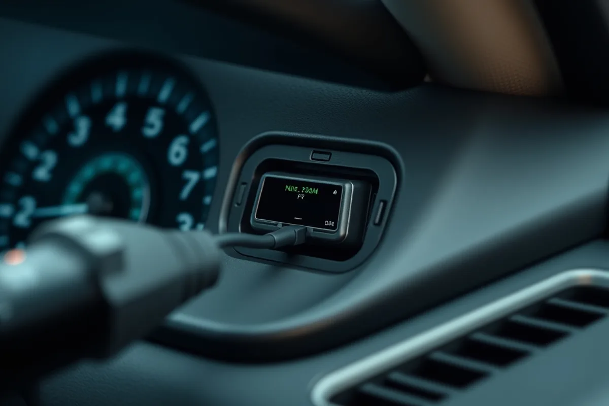 A small telematics device plugged into a car OBD port under the dashboard
