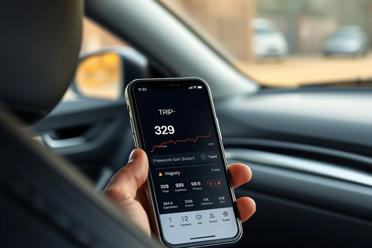 Smartphone app showing a driving score and trip history on a car seat