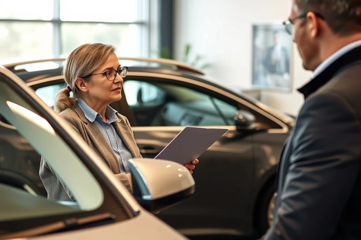 Insurance adviser explaining a telematics policy to a customer in an office
