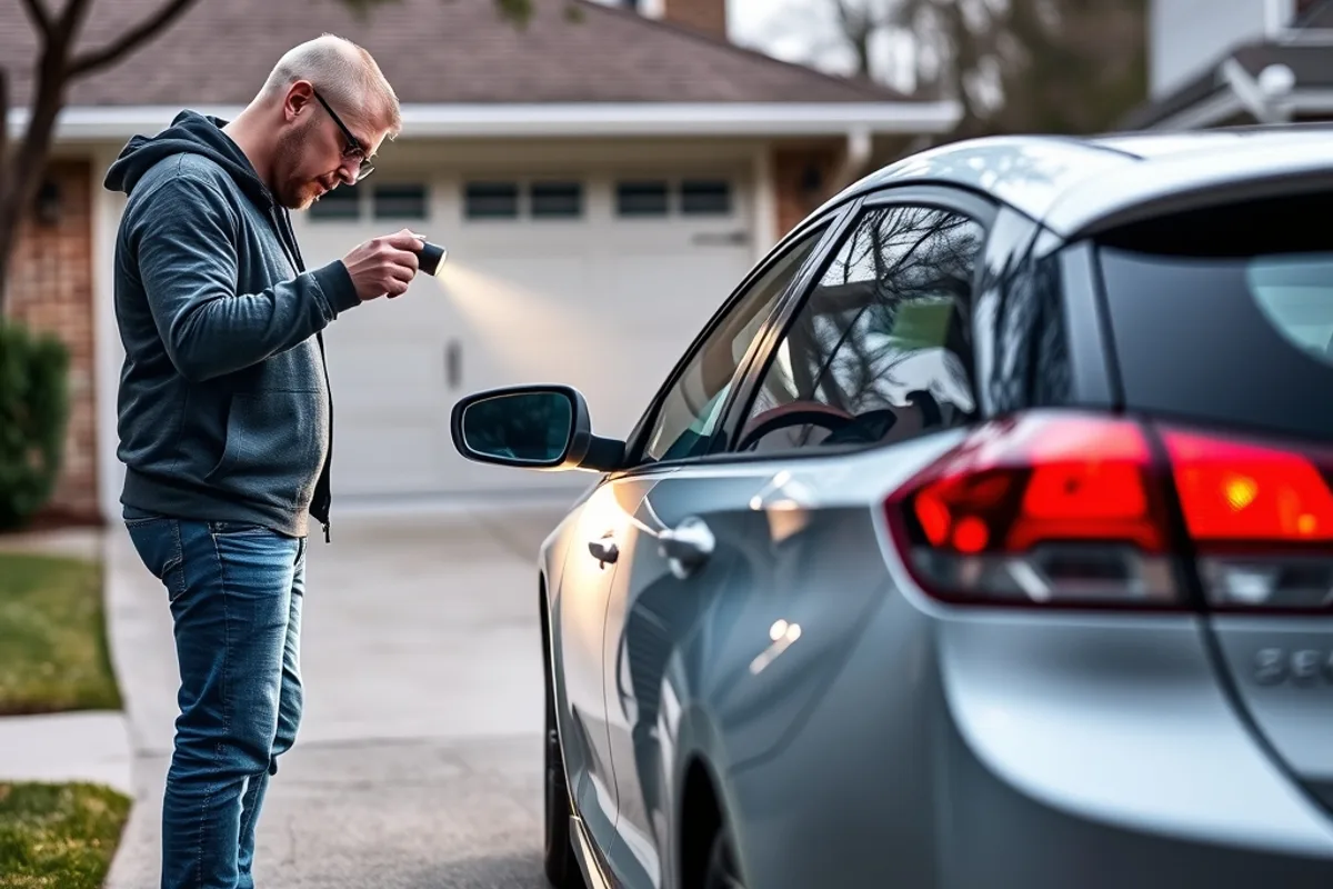 Buyer inspecting a used car with a flashlight in a residential driveway