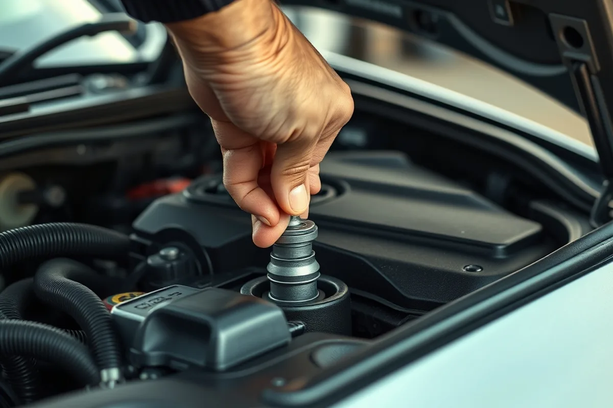 Pulling the engine oil dipstick on a used car
