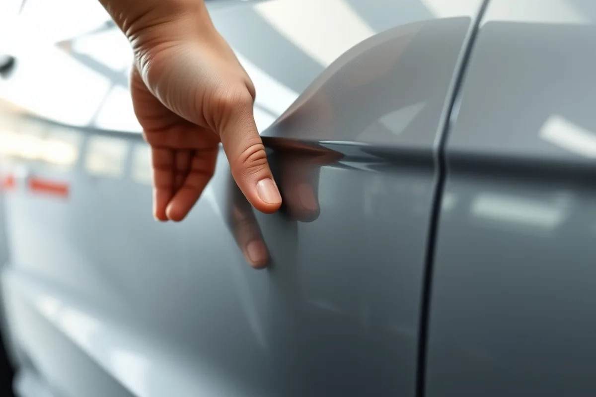 Running a hand along panel gaps and paint on a used car body