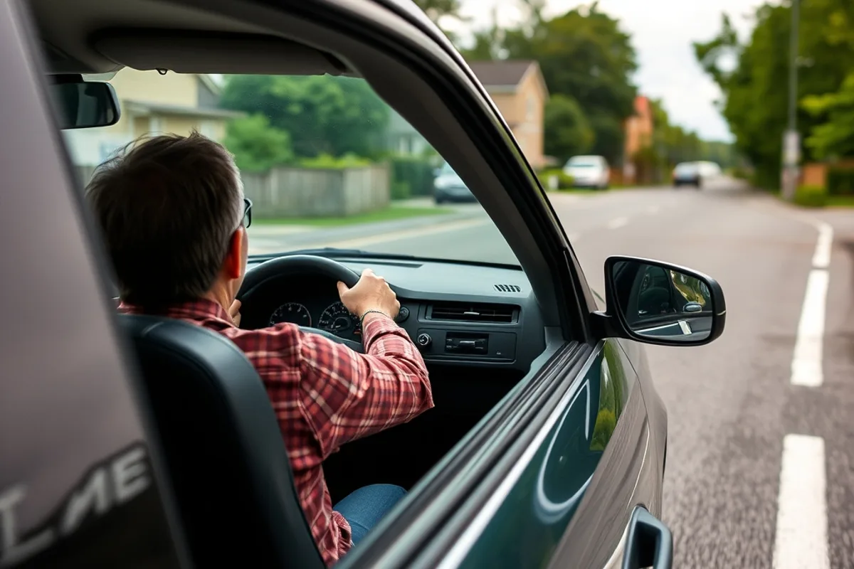 Test driving a used car on a suburban road